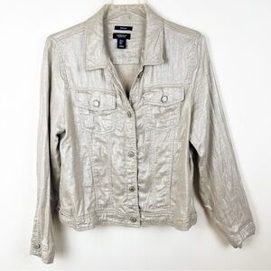 Jones & Co. Button Down Metallic Beige 100% Linen Denim Style Jacket Large Chic